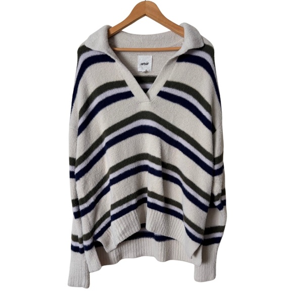 aerie Sweaters - Aerie striped collared cream fuzzy sweater, Medium